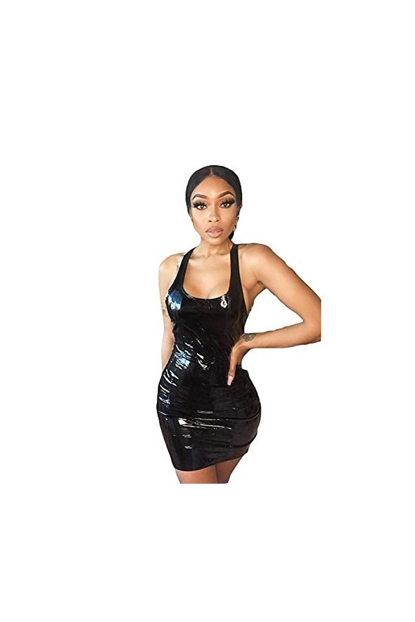 SePkus Robe Sexy en Cuir PU pour Femmes, Robe de Hanche, discothèque, Bar, Pyjama décontracté, Jupe en Cuir, Costume de scène