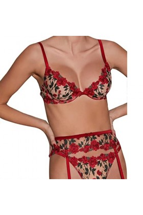 Lingerie Sexy pour Femmes en Cuir, Uniforme brodé de Rose Sexy, Lingerie érotique Trois pièces