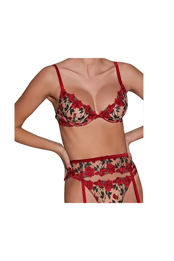 Lingerie Sexy pour Femmes en Cuir, Uniforme brodé de Rose Sexy, Lingerie érotique Trois pièces