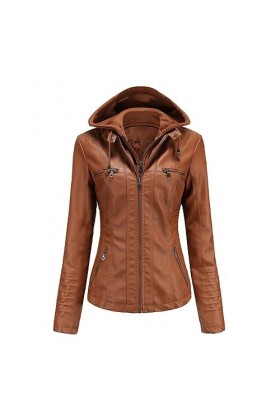 Fjnbbiot Veste En Cuir À Capuche Veste En Cuir Détachable Veste En Cuir PU Pour Femme khaki9 XXL