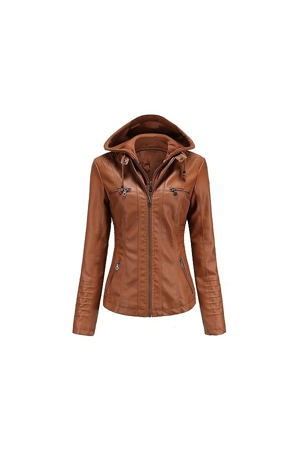 Fjnbbiot Veste En Cuir À Capuche Veste En Cuir Détachable Veste En Cuir PU Pour Femme khaki9 XXL