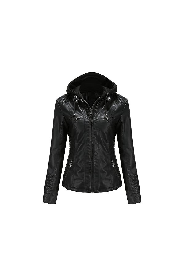 Fjnbbiot Veste En Cuir À Capuche Veste En Cuir Détachable Veste En Cuir PU Pour Femme khaki9 XXL