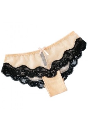 Culotte sexy en dentelle taille basse en maille flottante transparente pour femme, beige, XXL