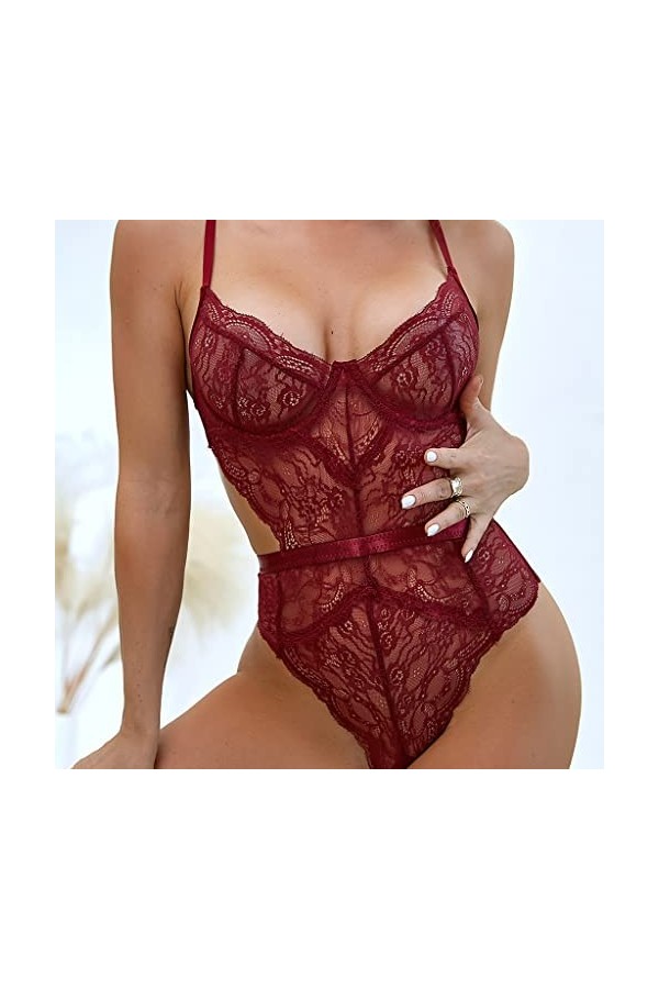LZQDM Plus taille érotique sexy one pièces lingerie denterie broderie bodySuit transparent sexe robe femme maille Color : A,