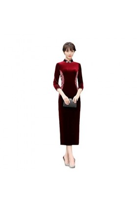 Bervoco Élégant col mandarin en velours brodé à sept points Qipao sexy en velours Cheongsam, 9170, XX-Large