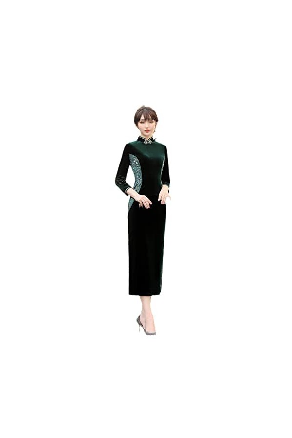 Bervoco Élégant col mandarin en velours brodé à sept points Qipao sexy en velours Cheongsam, 9170, XX-Large