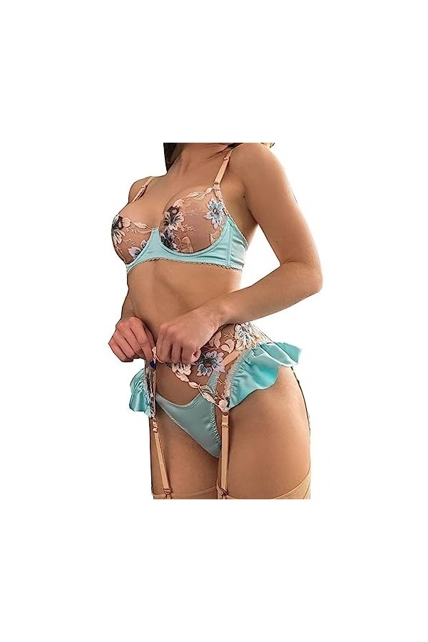 Lingerie Sexy pour Femmes, Robe Sexy, Panneaux contrastés brodés, Jupe Bouffante, Lingerie érotique Trois pièces