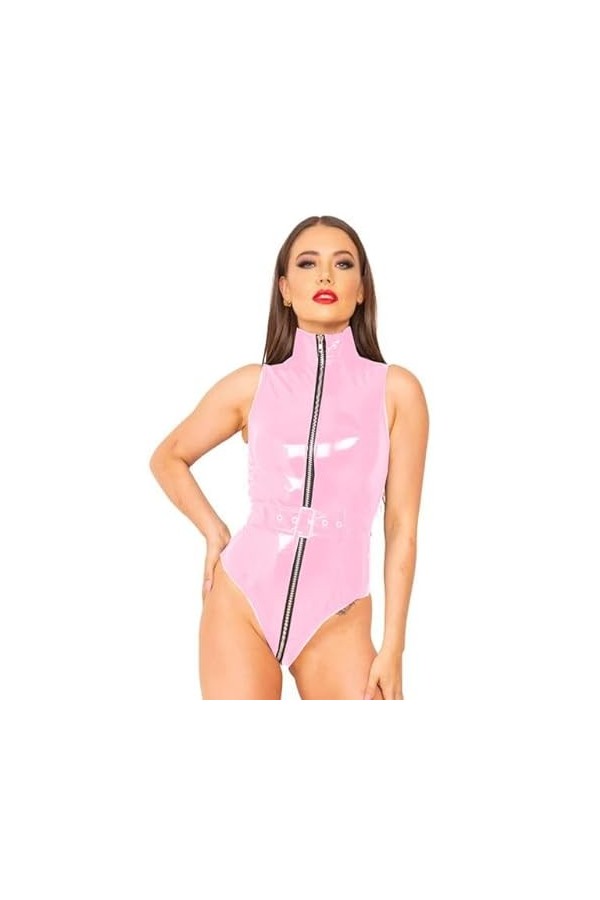 JQYTEN PVC érotique Faux Cuir Catsuit Fermeture éclair Avant Ouvert Entrejambe Combinaisons Punk Boucle sans Manches Body fét