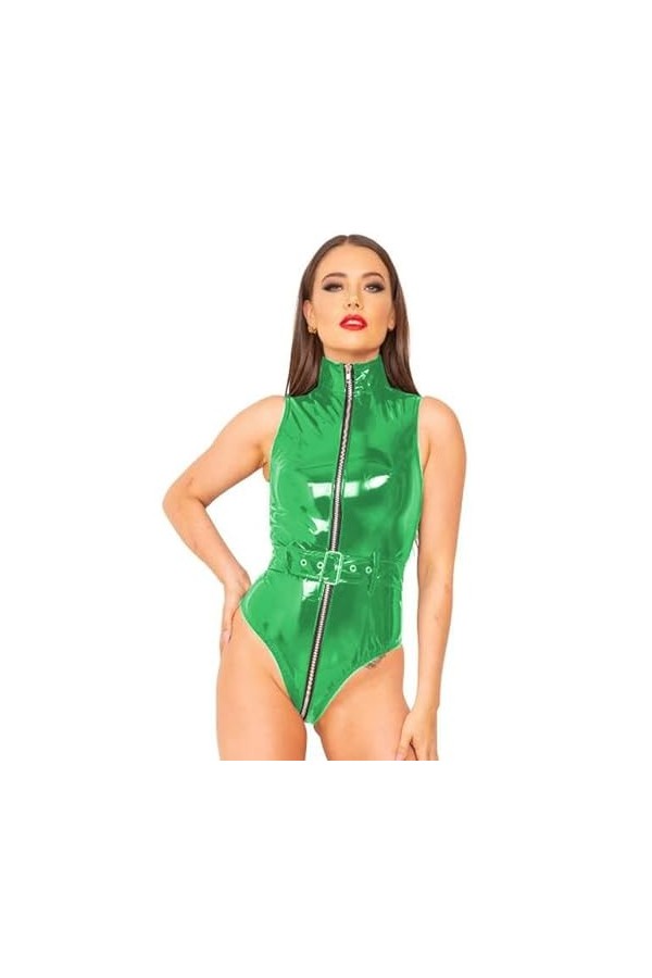 JQYTEN PVC érotique Faux Cuir Catsuit Fermeture éclair Avant Ouvert Entrejambe Combinaisons Punk Boucle sans Manches Body fét
