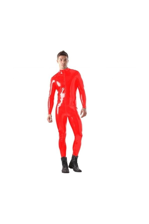 JQYTEN Grande Taille S-6XL Hommes Wetlook PVC Moulante Combinaison Fermeture éclair Avant Zentai à Manches Longues Cosplay Ca