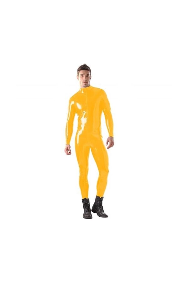 JQYTEN Grande Taille S-6XL Hommes Wetlook PVC Moulante Combinaison Fermeture éclair Avant Zentai à Manches Longues Cosplay Ca