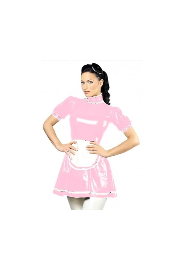 JQYTEN Cosplay Maid Dress + Apron Sexy High Neck Latex Dress Lady Role Play Servant Costume Retro Party Short Sleeve Vestido