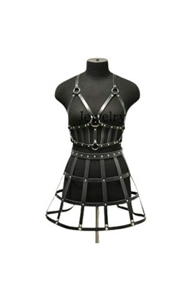 Saturey Femmes Sexy Taille Haute Faux Cuir Harnais Corps chaîne Punk réglable jarretière Corps Cage Mini Jupe Femmes vêtement