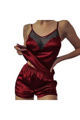 STRAW 2pcs femmes col en V tendance satin satin babydoll dentelle sexy lingerie bowknot pyjamas sleep short set pijama costum