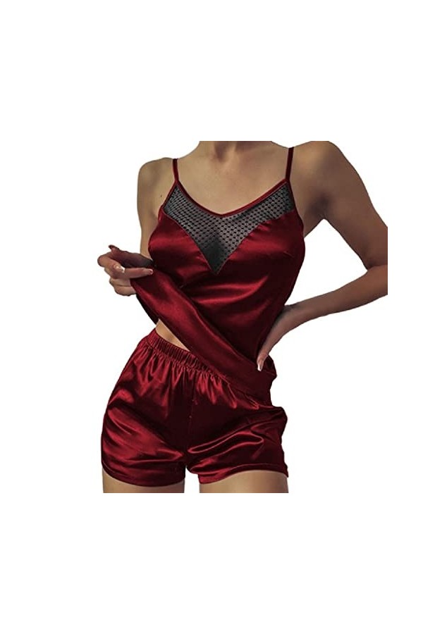 STRAW 2pcs femmes col en V tendance satin satin babydoll dentelle sexy lingerie bowknot pyjamas sleep short set pijama costum