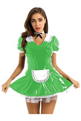 Costume de soubrette en PVC à manches courtes et col en similicuir, vert foncé, X-Large