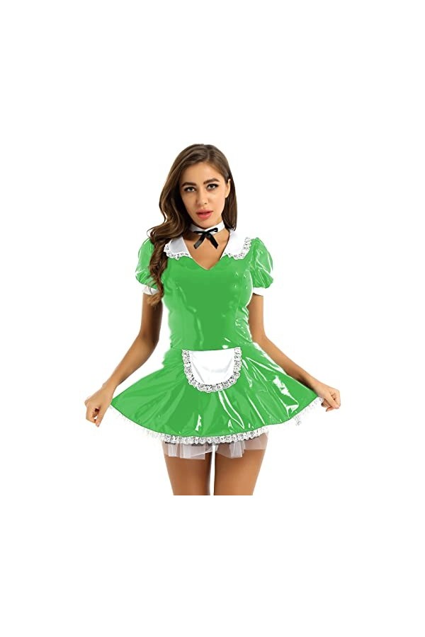 Costume de soubrette en PVC à manches courtes et col en similicuir, vert foncé, X-Large