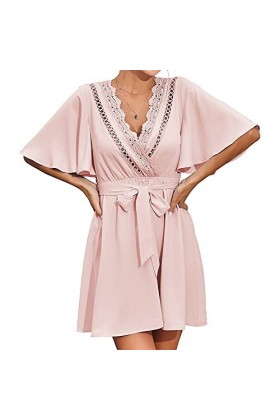 CHYSP Robes en V-Col V-Été Robes de Coutures V-Cou en V Femmes Casual Sexy Loose Confident Jupes de Vacances Color : Pink, S