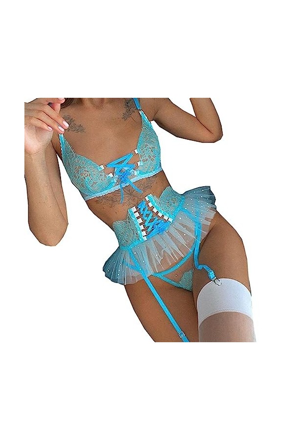 Lingerie Sexy pour Femme, Lingerie érotique Transparente, Ensemble Trois pièces à Lacets entrelacés contrastés