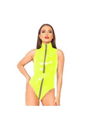 JQYTEN PVC érotique Faux Cuir Catsuit Fermeture éclair Avant Ouvert Entrejambe Combinaisons Punk Boucle sans Manches Body fét