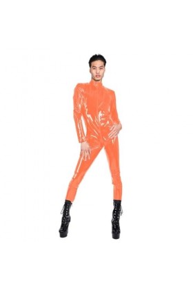 JQYTEN Lissage PVC Cuir Catsuit Sissy Faux Cuir Manches Longues Fermeture éclair Combinaison Maigre col Montant Latex Look Ba