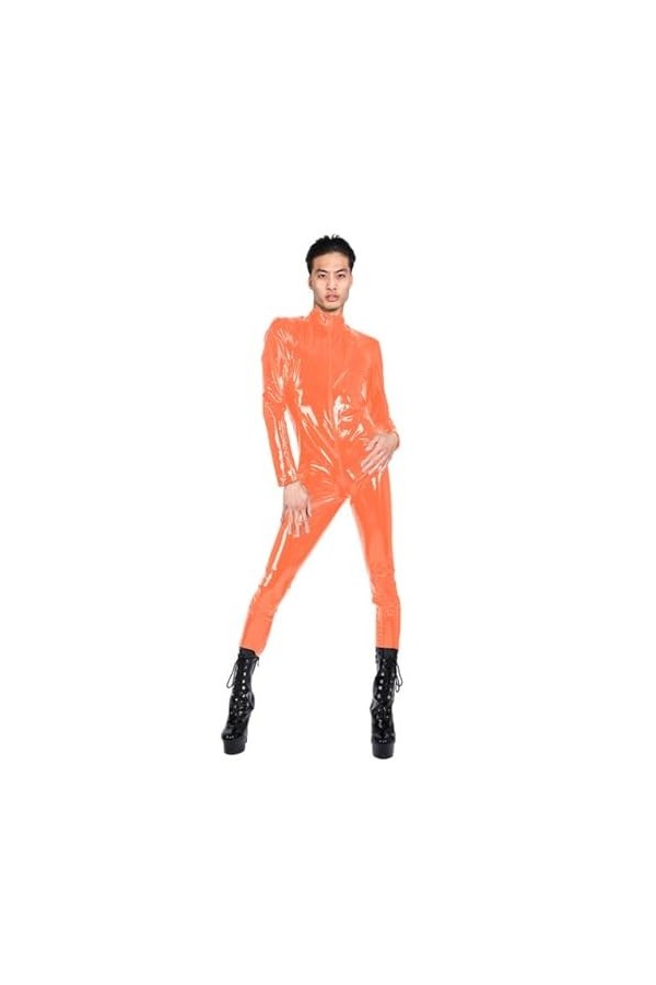 JQYTEN Lissage PVC Cuir Catsuit Sissy Faux Cuir Manches Longues Fermeture éclair Combinaison Maigre col Montant Latex Look Ba