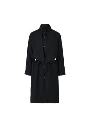 Femmes noir bouton arrière grande taille Long Trench revers manches longues coupe ample coupe-vent printemps automne Color :