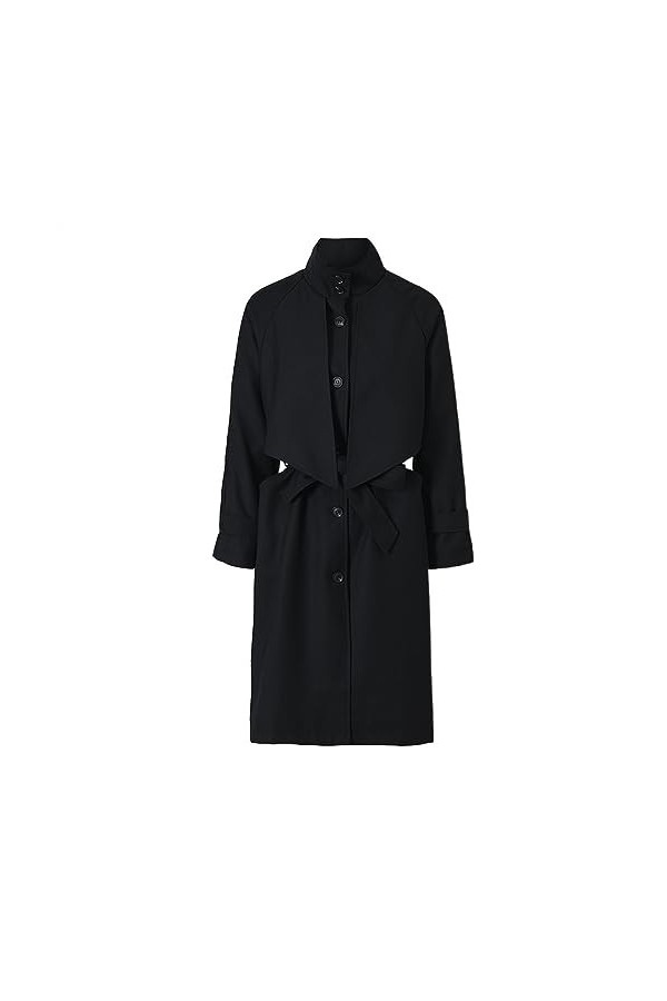Femmes noir bouton arrière grande taille Long Trench revers manches longues coupe ample coupe-vent printemps automne Color :