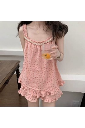 Straw Pajama Sets Women Vintage Floral Sexy Friend Preppy Summer Lace Ruffles Teen Girls Sleepwear Korean Style Kawaii Two Pi