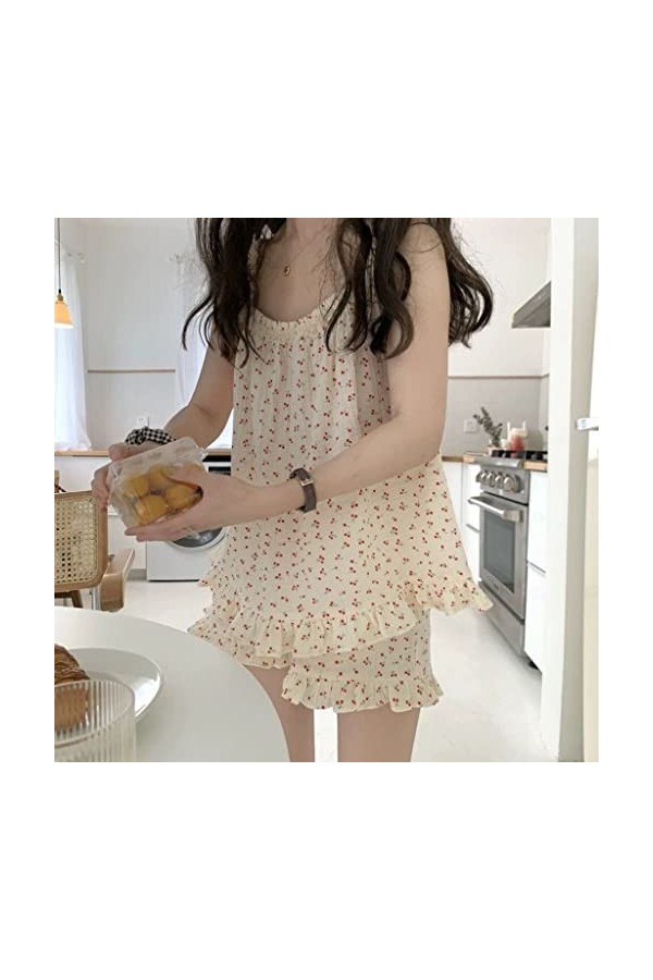 Straw Pajama Sets Women Vintage Floral Sexy Friend Preppy Summer Lace Ruffles Teen Girls Sleepwear Korean Style Kawaii Two Pi