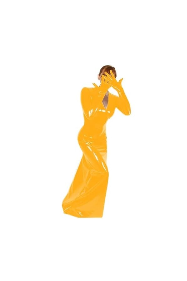JQYTEN Women Halloween Cosplay Costume Sexy Club Dress for Women Lady PVC V-neck Long Dress With Connected Glove Plus Size