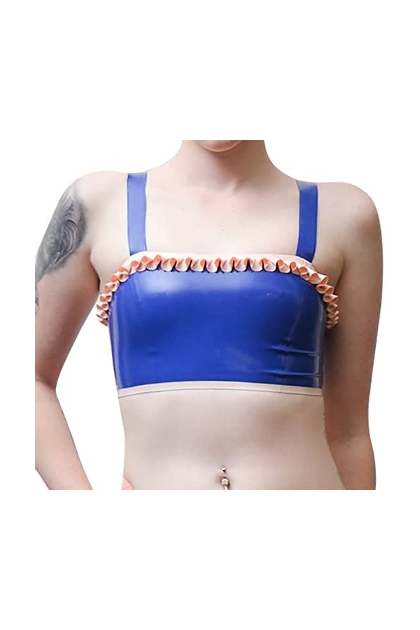 Latex CaoutchoucBleu Et Rose Sexy Latex Crop Top avec Ruffs Nœuds Et Boutons À l’arrière Soutiens-gorge en caoutchouc Lingeri