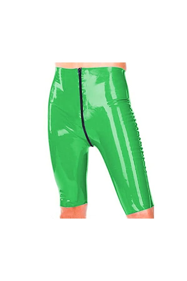 Pantalon court grande taille en PVC avec fermeture éclair sur le devant, pantalon haut en similicuir pour femme, vert fluores