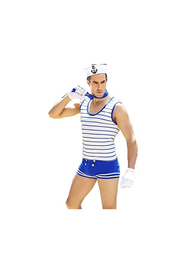 NC Costume de marin sexy pour homme - Blanc et bleu - Grande taille