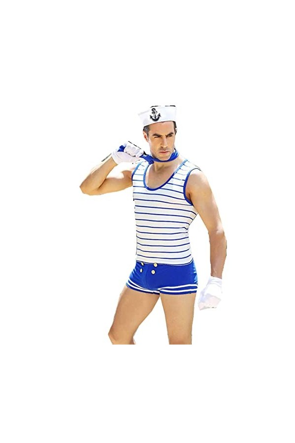 NC Costume de marin sexy pour homme - Blanc et bleu - Grande taille