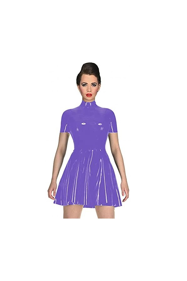 UUKR PLUS Taille Courtes manches Robe Femmes Haute cou A-Line PVC Mini Robe Sexy Wet Look Clubwear Gothique Robes de patineur