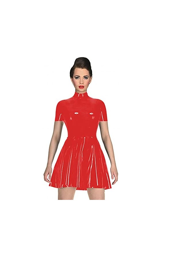 UUKR PLUS Taille Courtes manches Robe Femmes Haute cou A-Line PVC Mini Robe Sexy Wet Look Clubwear Gothique Robes de patineur