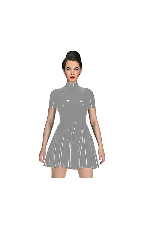 UUKR PLUS Taille Courtes manches Robe Femmes Haute cou A-Line PVC Mini Robe Sexy Wet Look Clubwear Gothique Robes de patineur