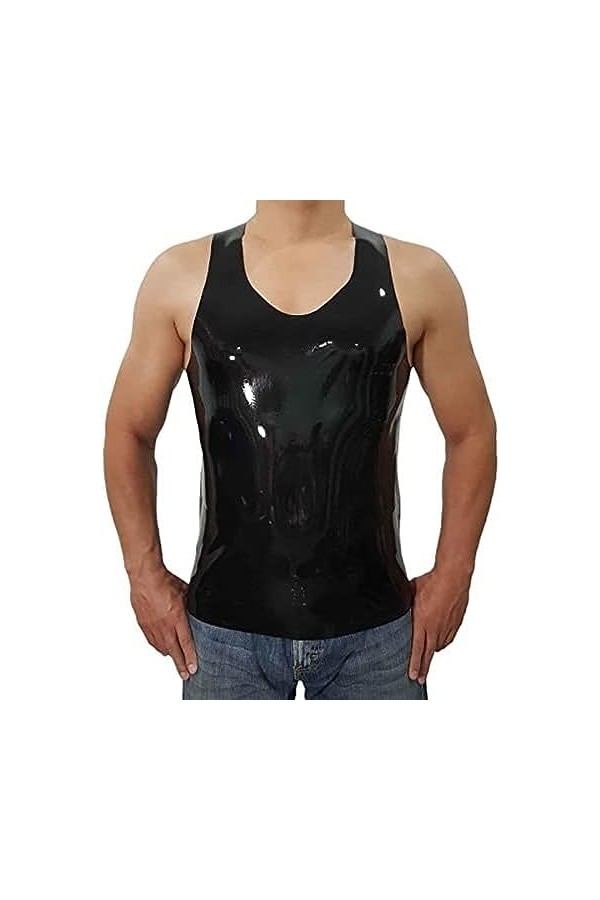 Fait À La Main Black Mens Fetish Exotic Latex Rubber Gummi Tank Tops Undershirt,Argent,XXL