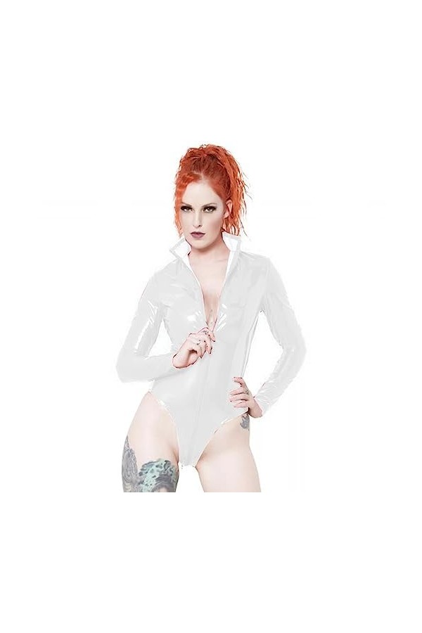 Body en cuir pour fermeture éclair, combinaison à manches longues effet mouillé en PVC pour femme, noir, taille XXL