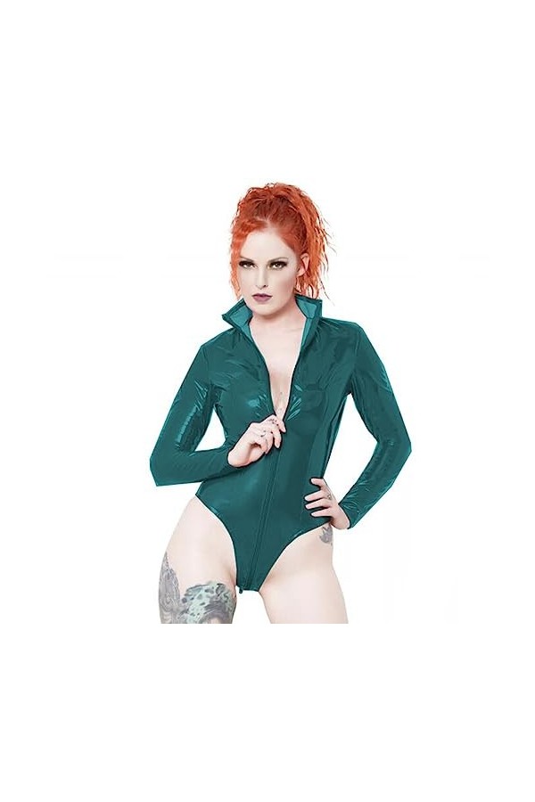 Body en cuir pour fermeture éclair, combinaison à manches longues effet mouillé en PVC pour femme, noir, taille XXL