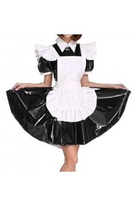 JQYTEN Plus Size Maid Cosplay PVC Uniform Women Wet Look Short Puff Sleeve Mini Dress French Maid Costume Lolita Apron Dress