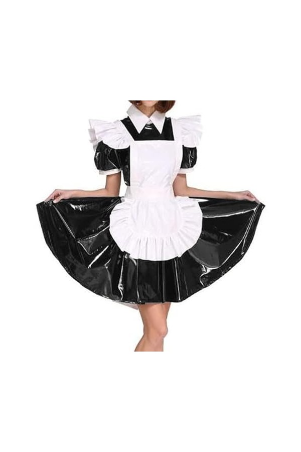 JQYTEN Plus Size Maid Cosplay PVC Uniform Women Wet Look Short Puff Sleeve Mini Dress French Maid Costume Lolita Apron Dress