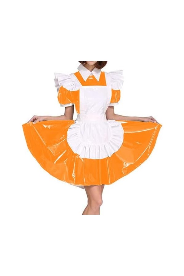 JQYTEN Plus Size Maid Cosplay PVC Uniform Women Wet Look Short Puff Sleeve Mini Dress French Maid Costume Lolita Apron Dress