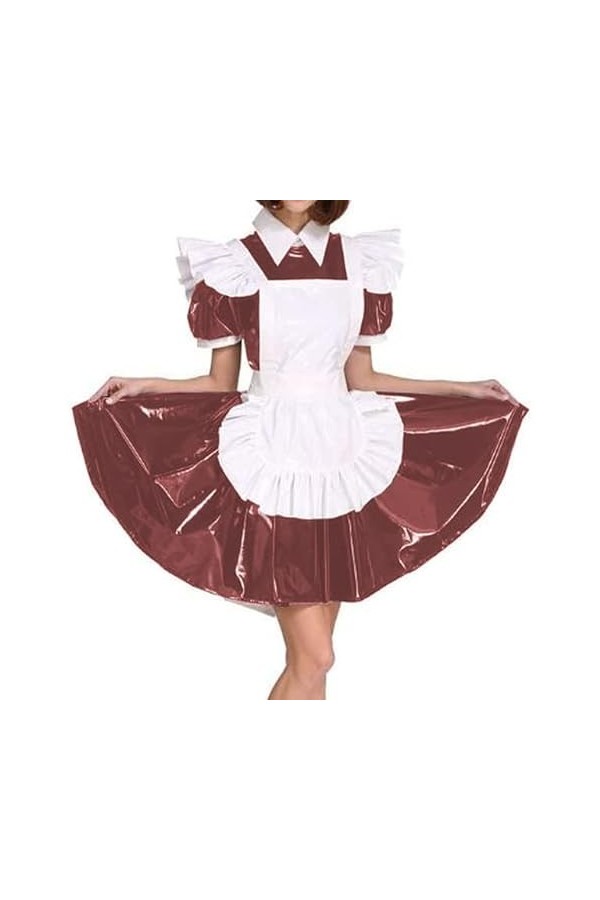 JQYTEN Plus Size Maid Cosplay PVC Uniform Women Wet Look Short Puff Sleeve Mini Dress French Maid Costume Lolita Apron Dress