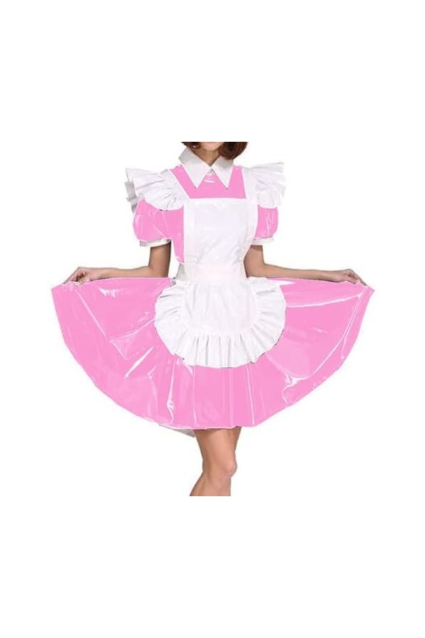 JQYTEN Plus Size Maid Cosplay PVC Uniform Women Wet Look Short Puff Sleeve Mini Dress French Maid Costume Lolita Apron Dress
