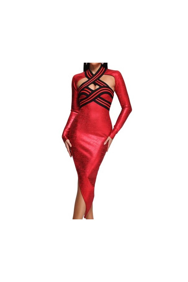 BELLA BARNETT Robe bandage midi métallisée découpée, Rouge, Taille M