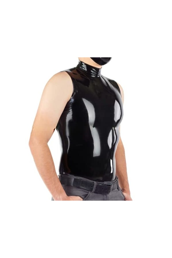 Haut classique en latex 100 % fait main pour homme, col haut, sans manches, en caoutchouc, noir, taille L