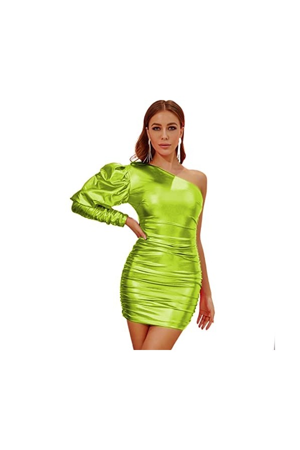 Une épaule à Manches Longues Mini Robe sans Manches Magnifique en Cuir irrégulier Robe en Cuir PU Brillant métallisé bouffée 