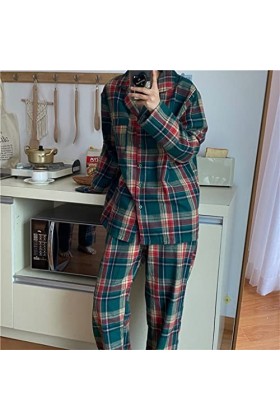 STRAW Automne Hiver Lâche Couple Pyjama Costume Plaid Maison Vêtements Plus La Taille Pantalon Pyjama À Manches Longues Chemi